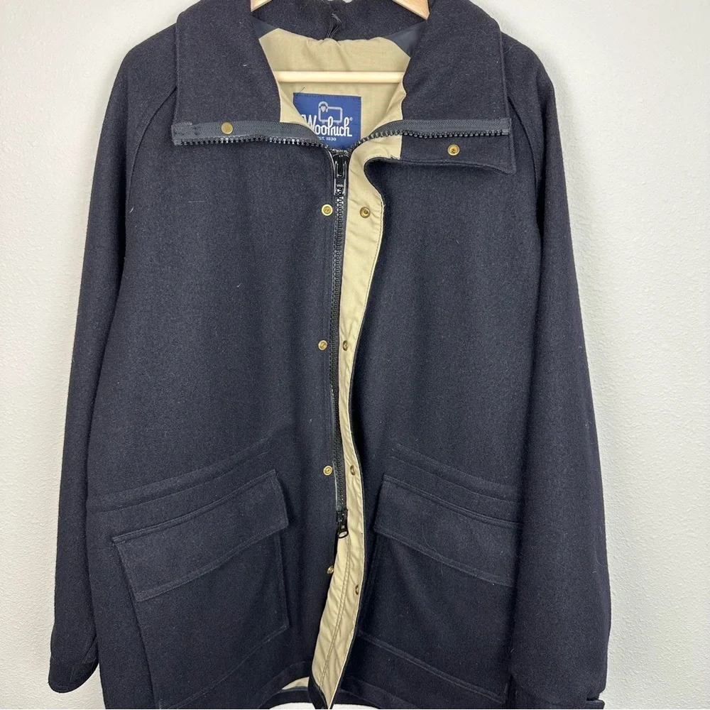 Vintage Woolrich Navy Wool Coat Mens XL Field Jacket Made in USA 30247 Blue